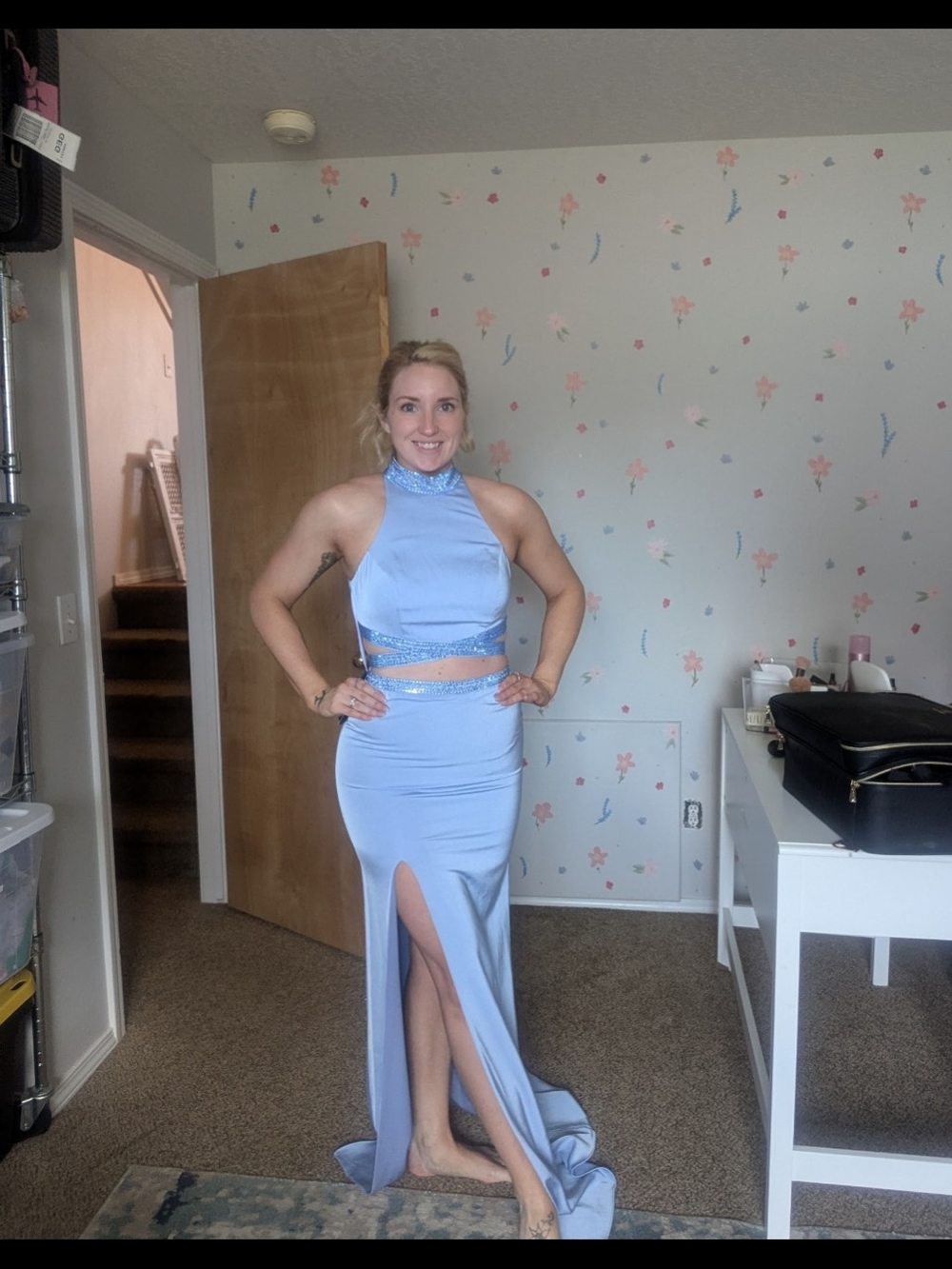 Light Blue Two-Piece Prom Gown with High Neck and Side Slit